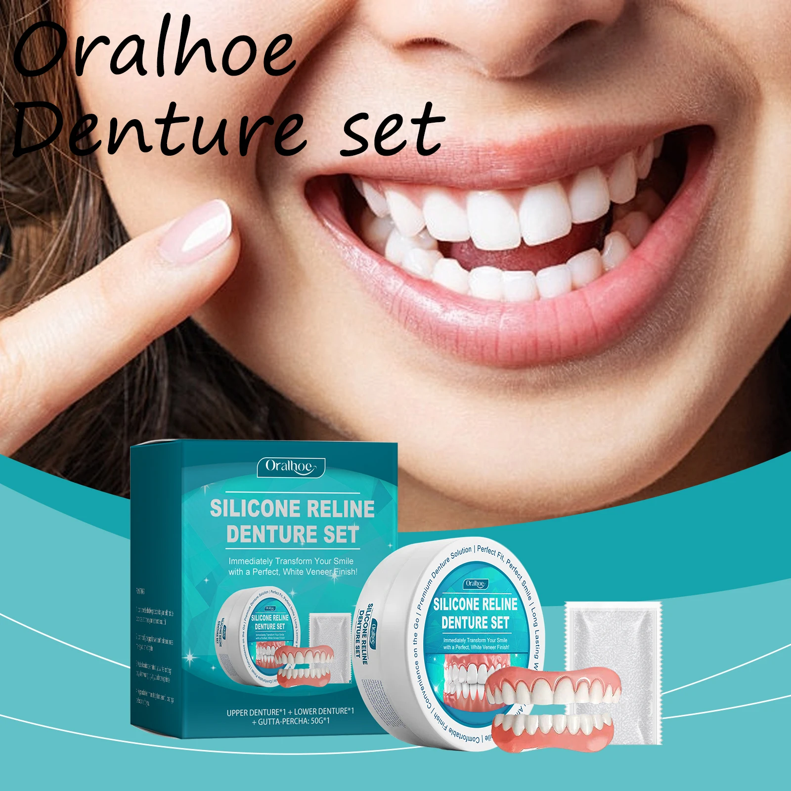 

Oralhoe Silicone Material Fake Teeth Set Detachable Reusable Veneers Teeth Oral Health Care Soft Upper & Lower Braces Set