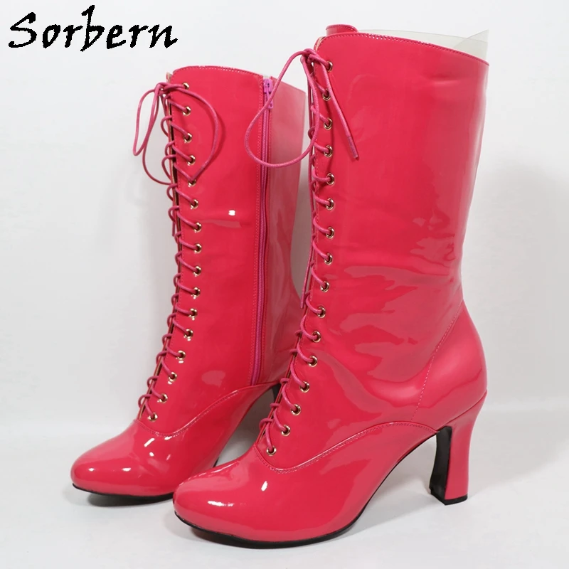 

Sorbern Розово-розовые глянцевые низкие сапоги до середины икры Женские ботинки на блочном каблуке с круглым носком на шнуровке Винтажные ботильоны унисекс Стильная обувь на заказ