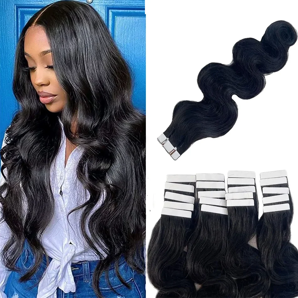 Natural Body Wave Tape in Human Hair Extensions 16-26inch Ahesive Waterproof Tape Ins Human Hair Black Brazilian Hair 20pcs/pack