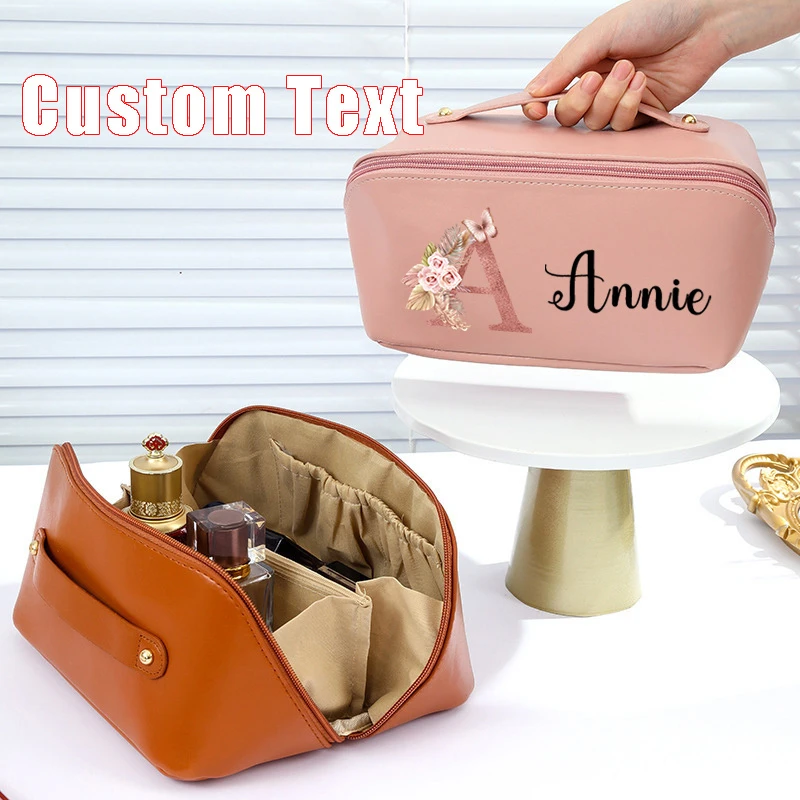 Personalized Initial Floral Toiletry Bag Custom Name Large Capacity Makeup Bag, Portable Travel Cosmetic Organizer with Multiple