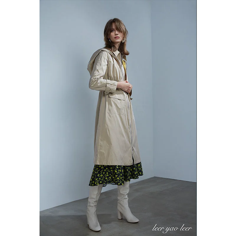 

Detachable Two-Way Hooded Two-Piece Women's Dual-Tone Khaki Parka Coat