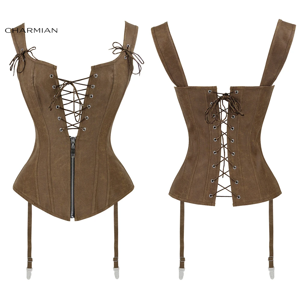 

Charmian Women Renaissance Corset Sexy Vintage Plus Size Leather Zipper Brown Corset Bustier Top With Garters Steampunk Clothing