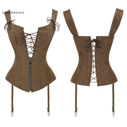 Charmian Women Renaissance Corset Sexy Vintage Plus Size Leather Zipper Brown Corset Bustier Top With Garters Steampunk Clothing