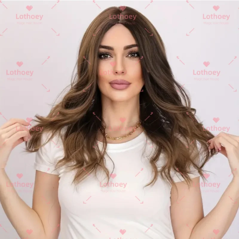 Wig gelombang tubuh coklat keemasan wig rambut manusia sedang wig gelombang air indah elegan wig dasar sutra setiap hari untuk wanita cocok untuk Yahudi