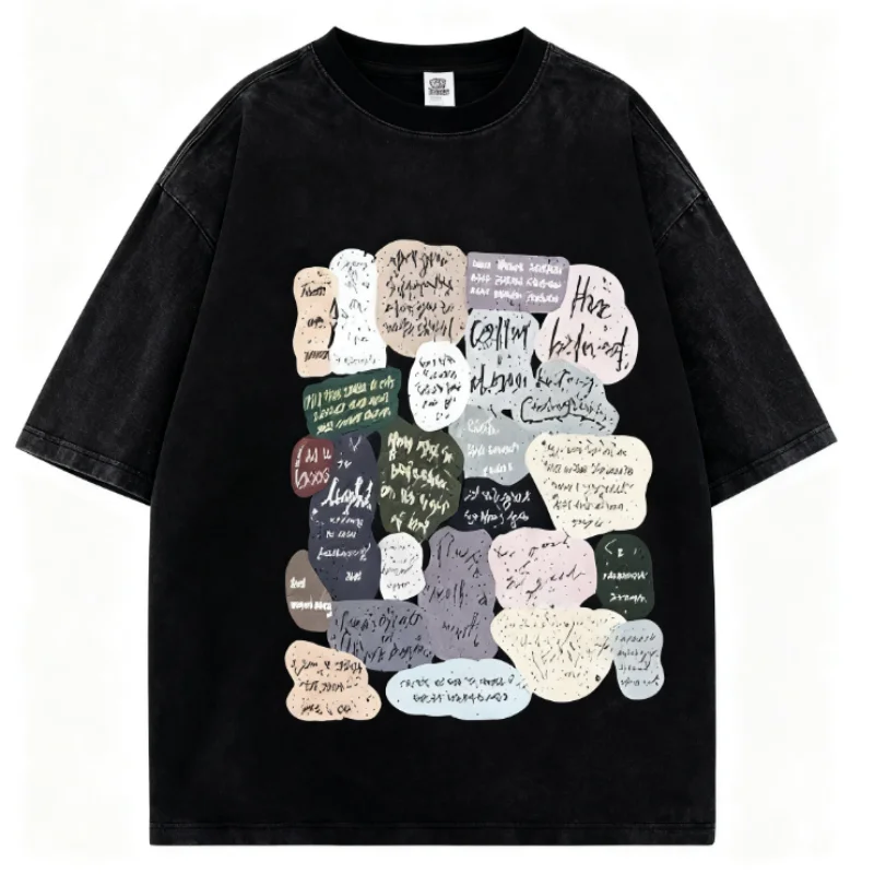 

Washed Fabric Sticky Note Style Design Pattern Short Sleeve Top Fashion Casual Comfortable Cotton Tee for Men Women Daily Wear