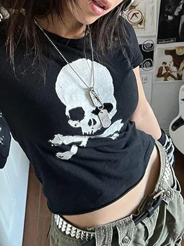 Y2k Skull Print Design Graphic Summer Fashion Right Shoulder Short T-Shirt Top