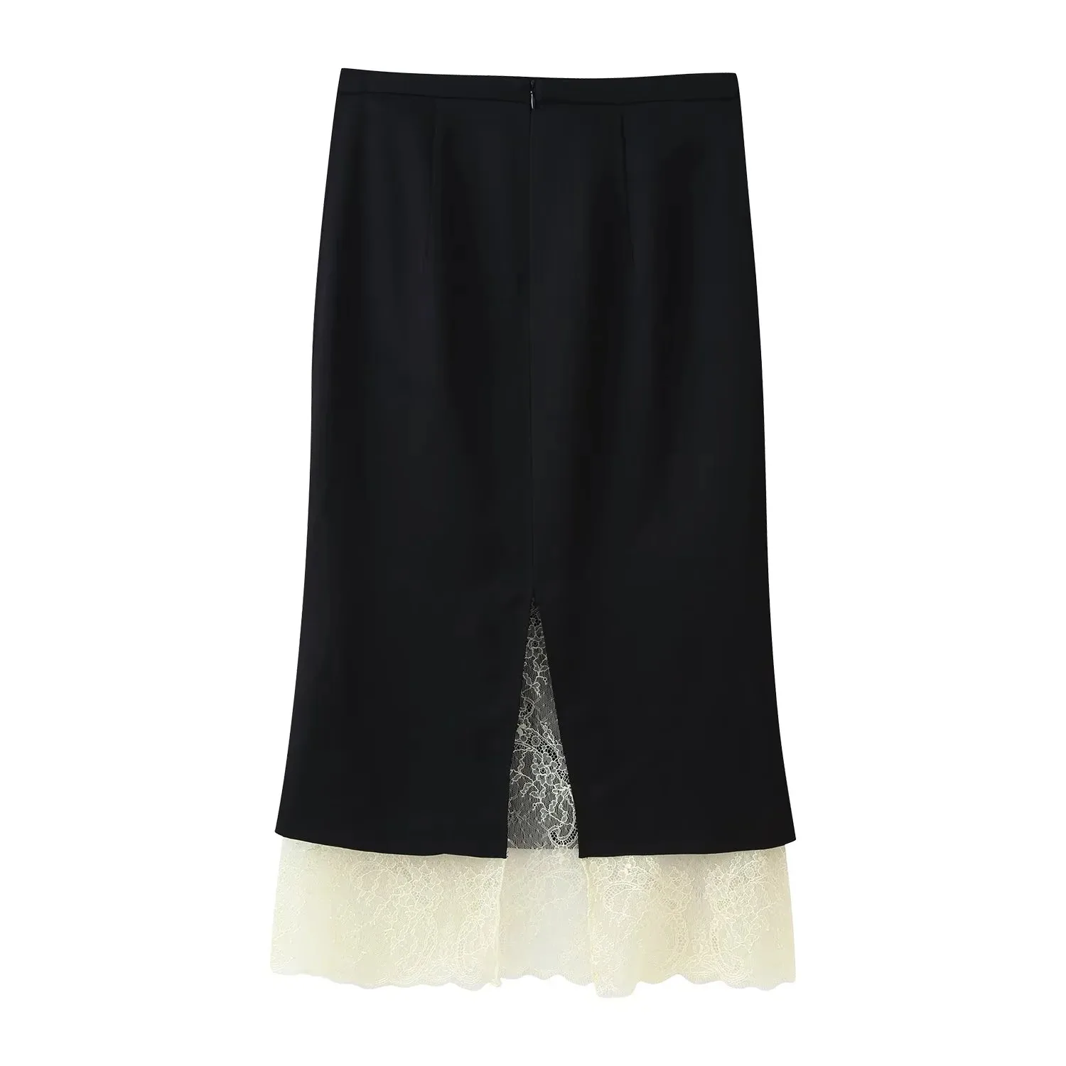Women Black High Waist Midi Skirt Lace Patchwork Back Slit Pencil Skirt Elegant Office Lady Party Straight Long Skirt 2026