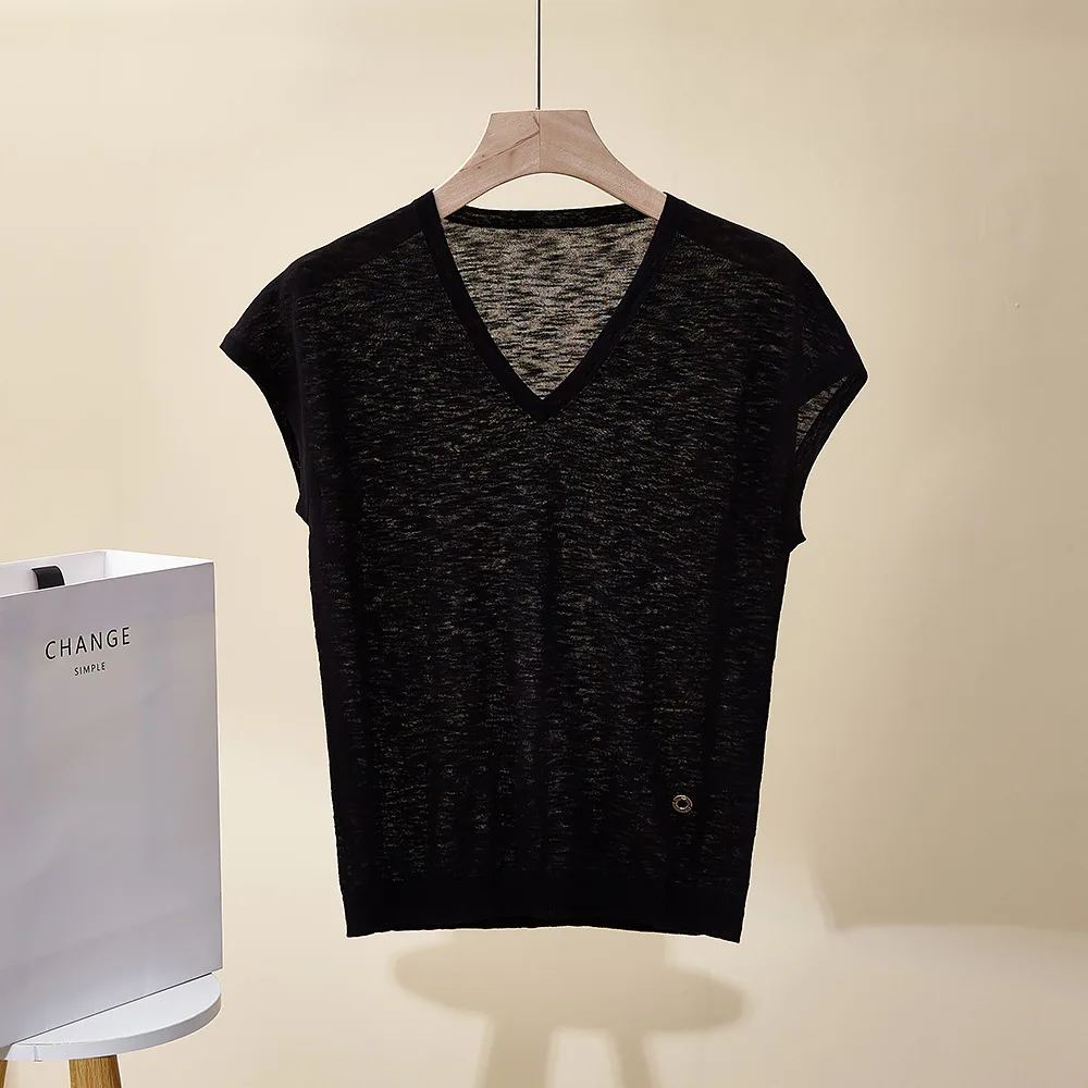 Gilet tricoté en lin pour femmes, nouveau haut d'été, col en v, ample et élégant