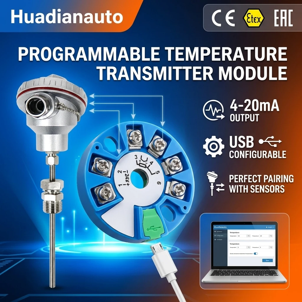 Head Mounted Temperature Transmitter PT100 RTD Input 4-20mA Output 2-Wire Round 24V DC DIN Form B High Accuracy