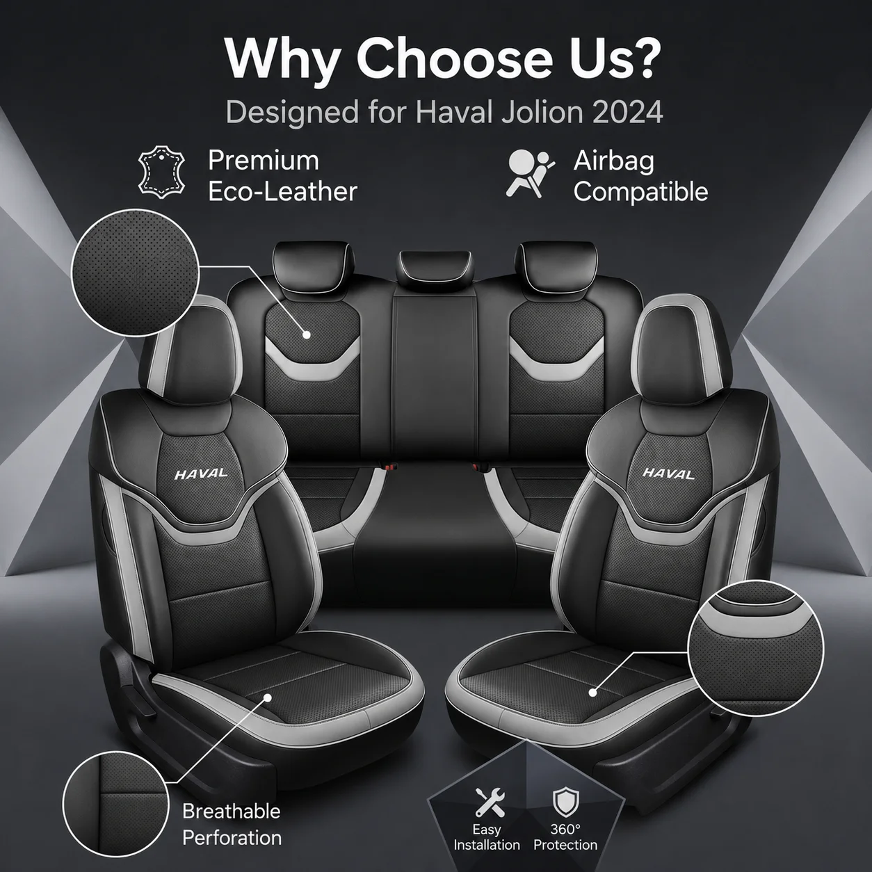 SOGLOTY For Haval Jolion GWM Jolion Seat Covers Full Set 5 Seats Waterproof Leather Custom Fit Airbag Compatible Car Interior
