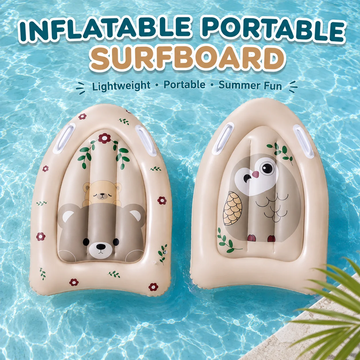 1pc Inflatable Surfboard with Dual Handles Cute Bear Print Portable Bodyboard Pool Float for Beach Swimming Summer Water Fun