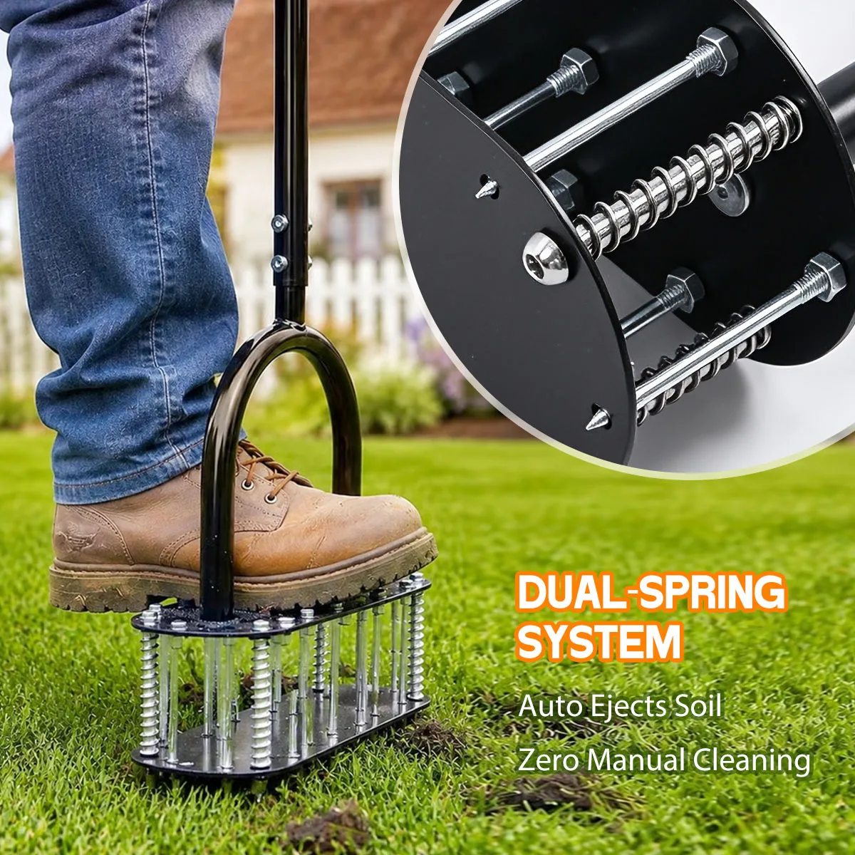 Stand‑Up Manual Lawn Core Aerator,304 Stainless Steel Spikes Dual‑Spring Self‑Cleaning Soil Aerating Tool for Backyard Garden Lawn Care,Ergonomic T‑Handle,Free Work Gloves