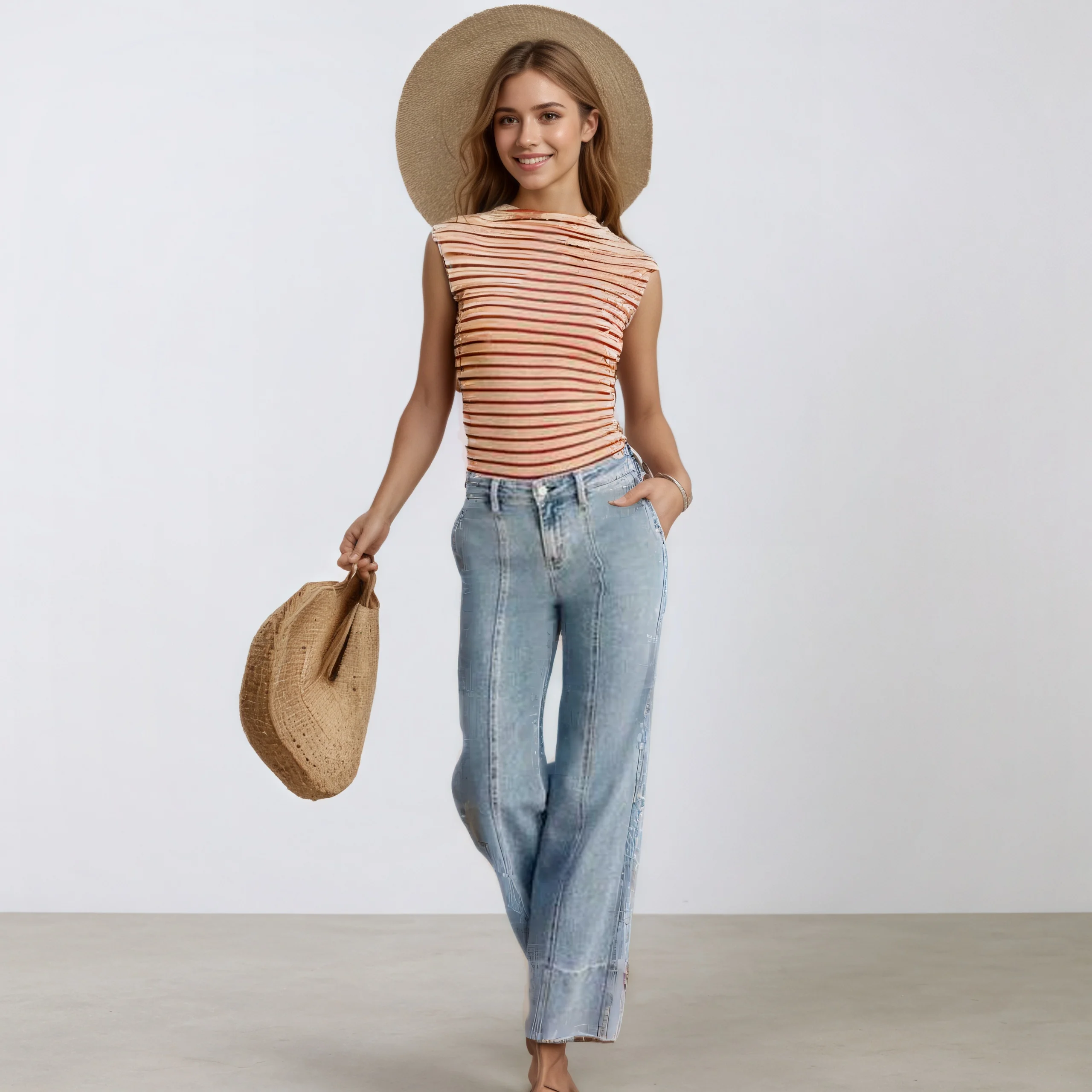 بنطال جينز نسائي واسع الساق عالي الخصر مستقيم الساق قابل للتمدد مع جيوب