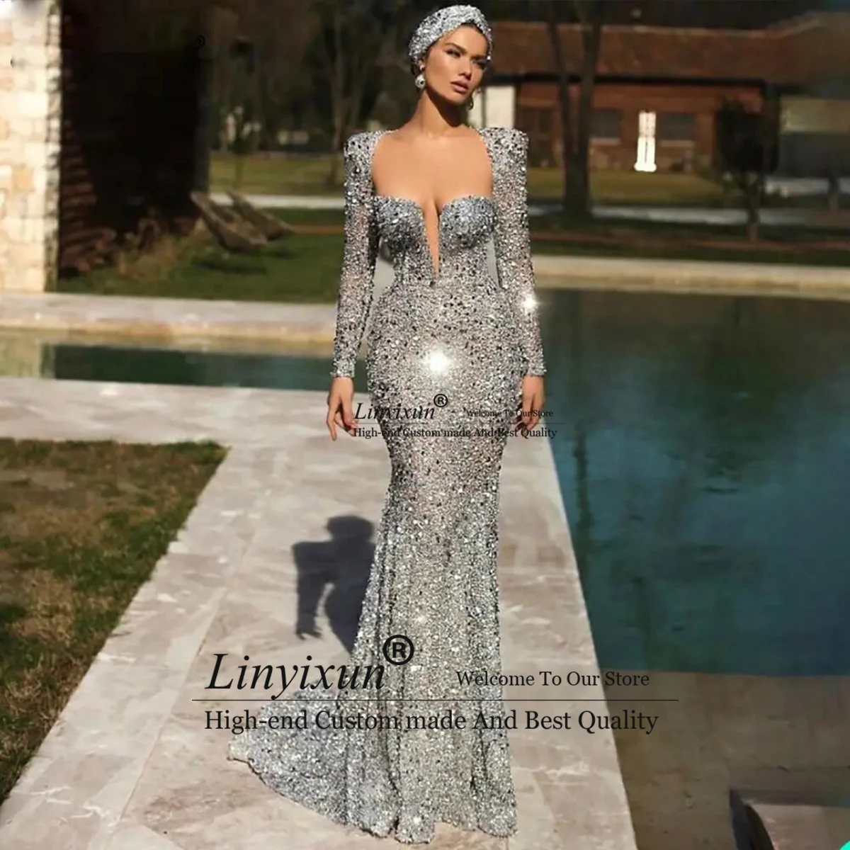 Sexy Sequined Mermaid Evening Dresses For Arabic Women Sweetheart Neck Long Sleeves Prom Gowns Plus Size Special Occaion Dress