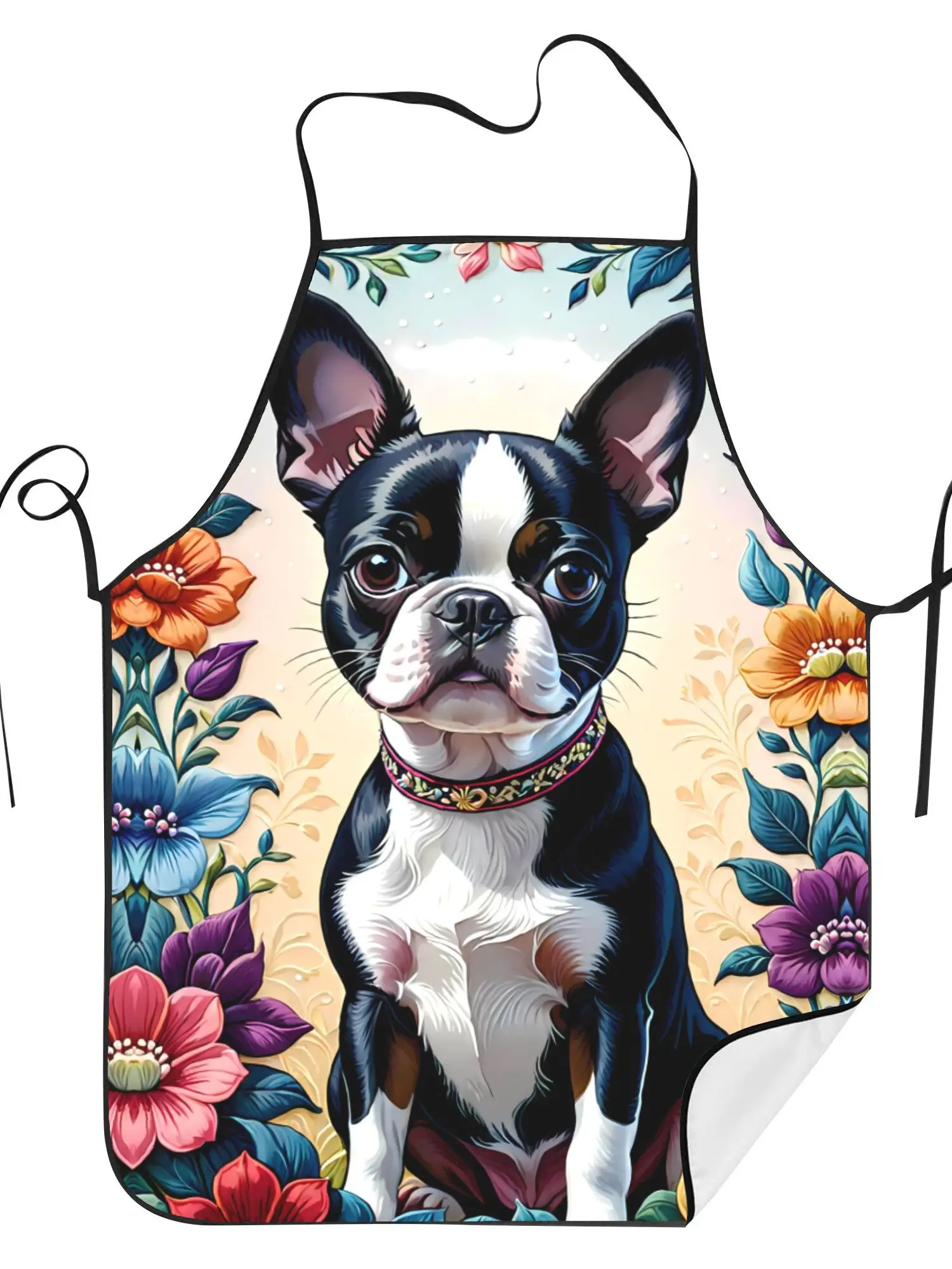 1 Piece of Fun Boston Terrier Apron with Colorful Floral Design, Unisex, Perfect for Crafts, Baking, Painting, Kitchen and Household Cleaning, Home Cooking, Chef, Waiter, Cafe, and Barbecue Restaurant Aprons, 21.7× 28.7inch , Perfect Holiday Gift Idea for Family and Friends