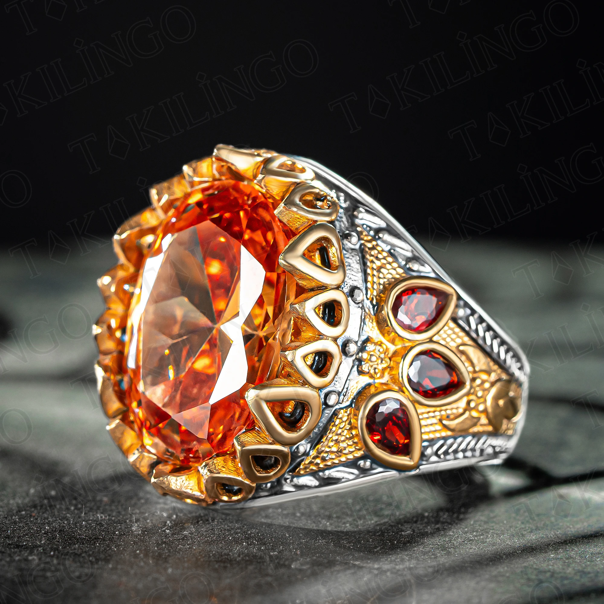 

925 Sterling Silver Orange Citrine Stone Turkish Handmade Men's Ring Handmade Engraved Men's Silver Ring