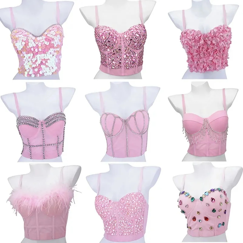 Różowe crop topy z cekinami, seksowne topy typu tank, bustiery, nowość 2026, estetyka Y2K, słodkie, urocze, fairycore, na imprezę, streetwear, damskie gorsety, topy na ramiączkach. — zdjęcie 2
