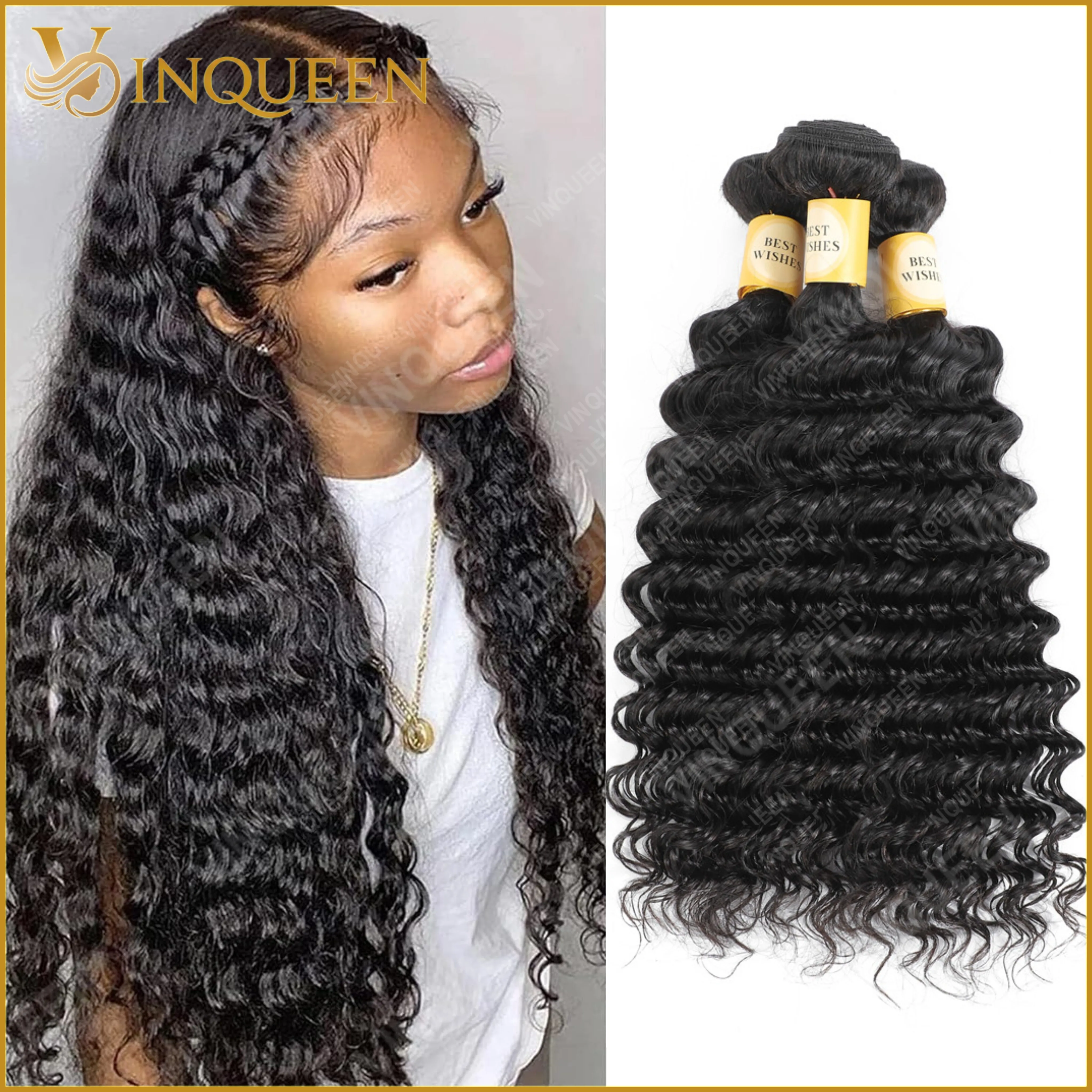 Tissage Cheveux Humains Deep Wave Tissage de Cheveux Brésiliens 100% Humains Bundles Human Hair Extension Cheveux Tissage Bouclé