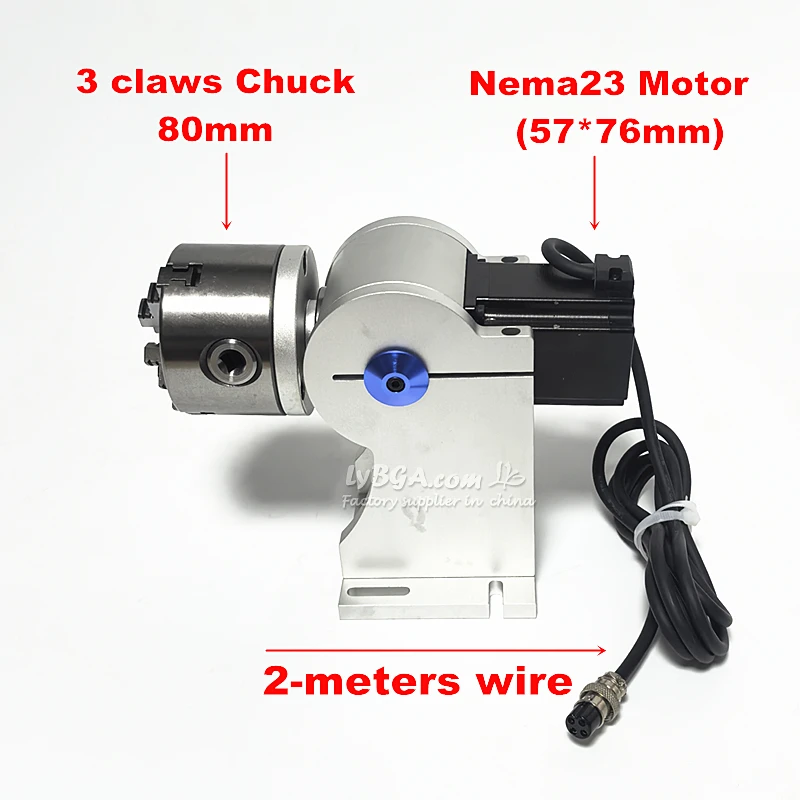 LY D80 Rotary Axis A Axis 80mm Chuck Nema23 Motor With 2m Cable For Laser Engraving And Marking Machine For Cylindrical Marking