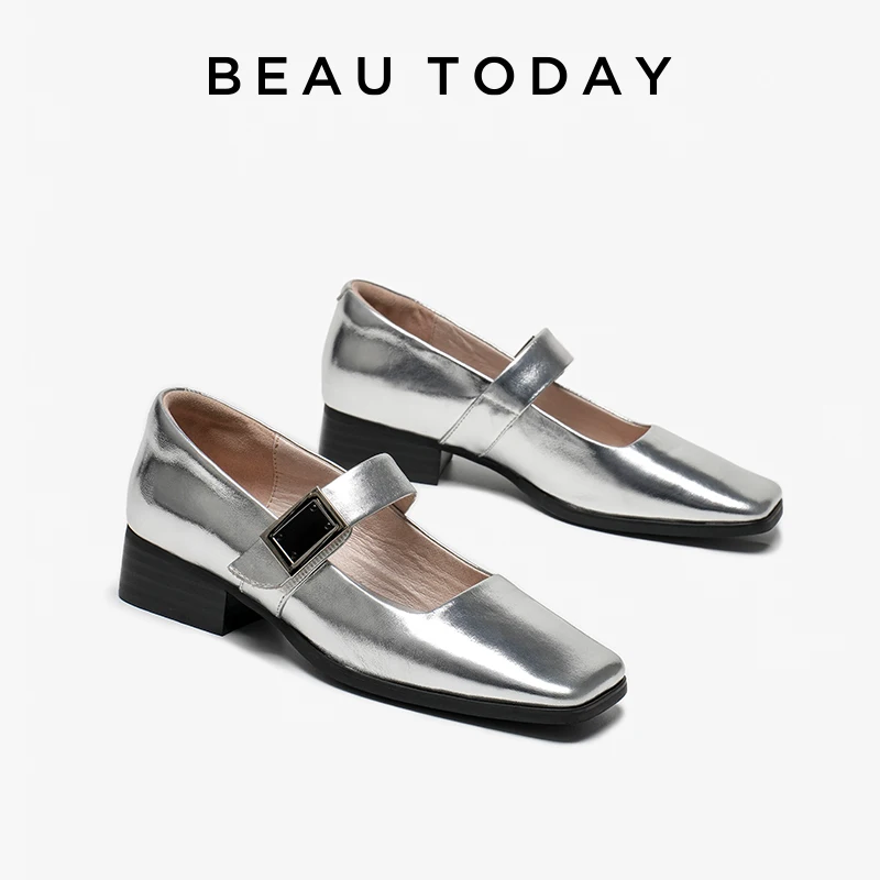 

BEAUTODAY Casual Mary Jane Women Genuine Leather Square Toe Ballet Shoes Low Heel Silver Shallow Buckle Soft Sole Flats 18241