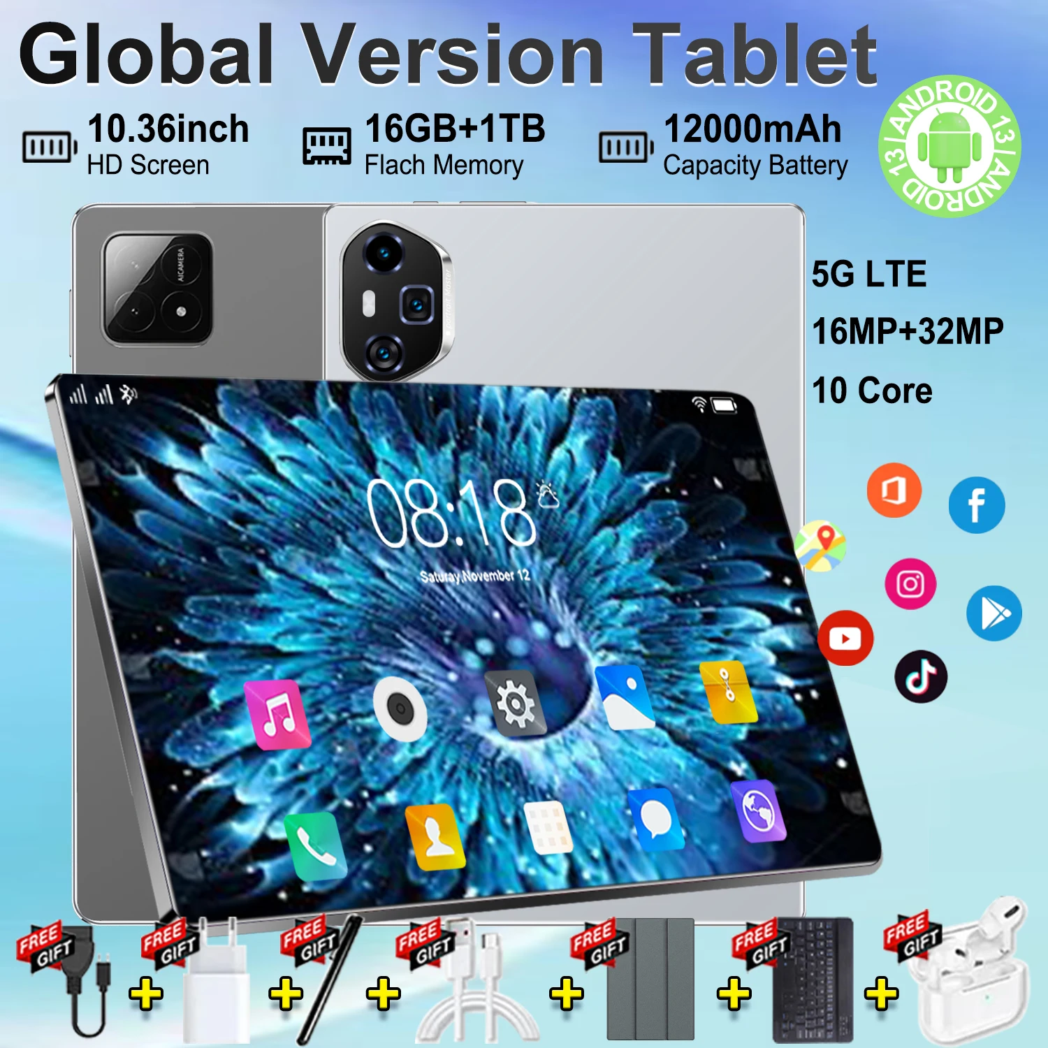Nouvelle tablette PC HD 10,36 pouces 2026, 10 cœurs, Android 13, 12000 mAh, 16 Go de RAM, 1 To de ROM, double SIM, 5G WiFi, appareil photo 16+32MP, GPS, tablette pour l'étude et le bureau