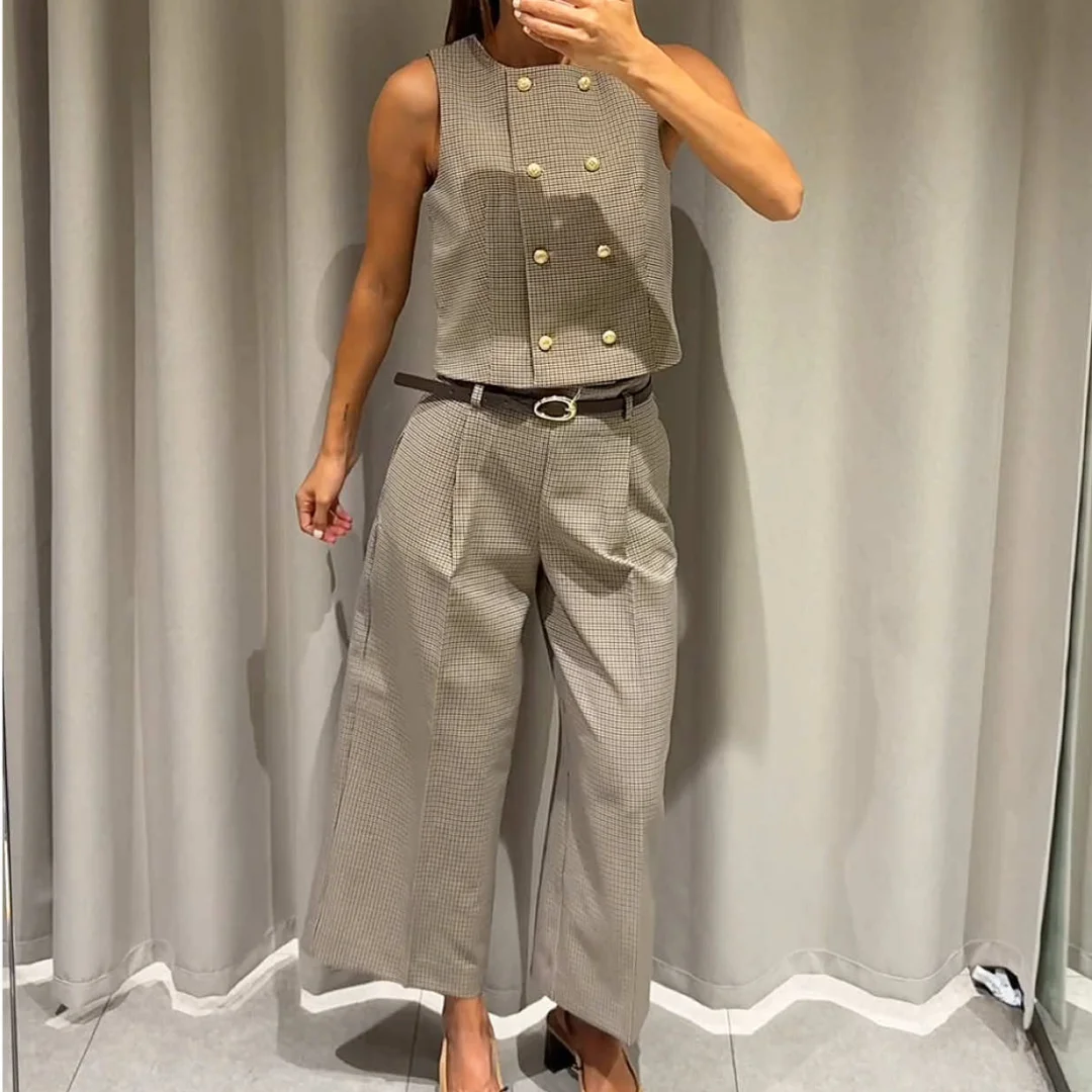 Womens Vintage Plaid Vest Set Round Neck Sleeveless Waistcoat Long Wide Leg Trousers Belted Casual Formal 2 Piece Suits