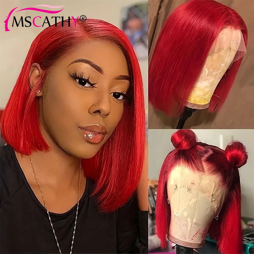 Red Wigs Human Hair Cherry Red Short Bob 13x4 Lace Front Wigs Human Hair Pre Plucked Transparent Lace Frontal Wigs 150% Density