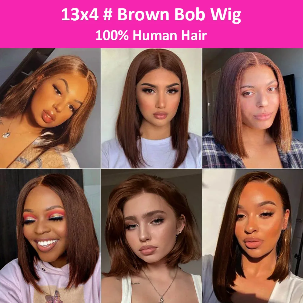 Straight Bob Wigs 100% Human Hair #4 Brown Bob Wigs 13x4 HD Lace Frontal Wigs Human Hair Wigs 8-16Inch For Women 200% Density image 5