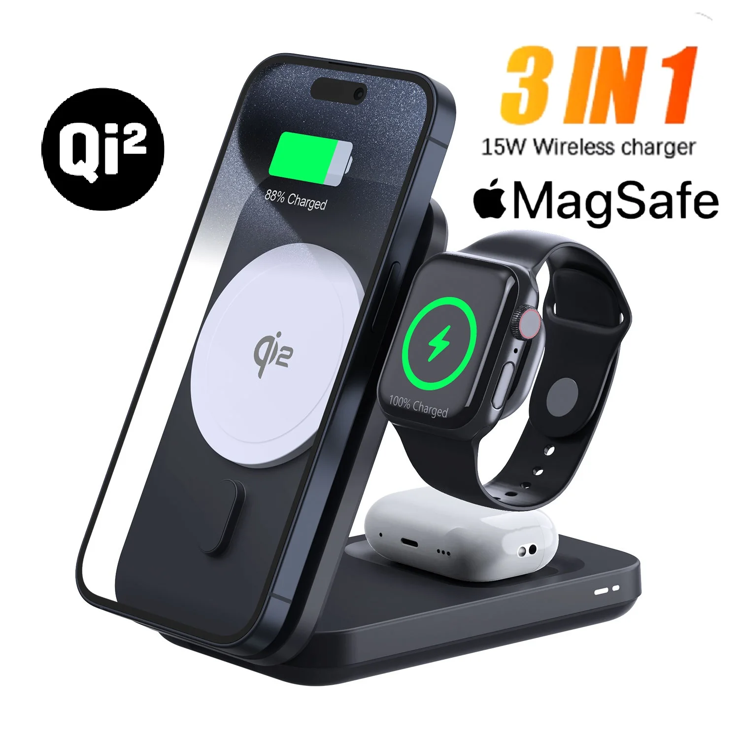 Qi2 Wireless Charger ,MagSafe Charger with 15W Fast Charge for iPhone 12-16 Apple Watch 9-5 Airpods 2 3 Pro CE,KC, FCC, PSE pass