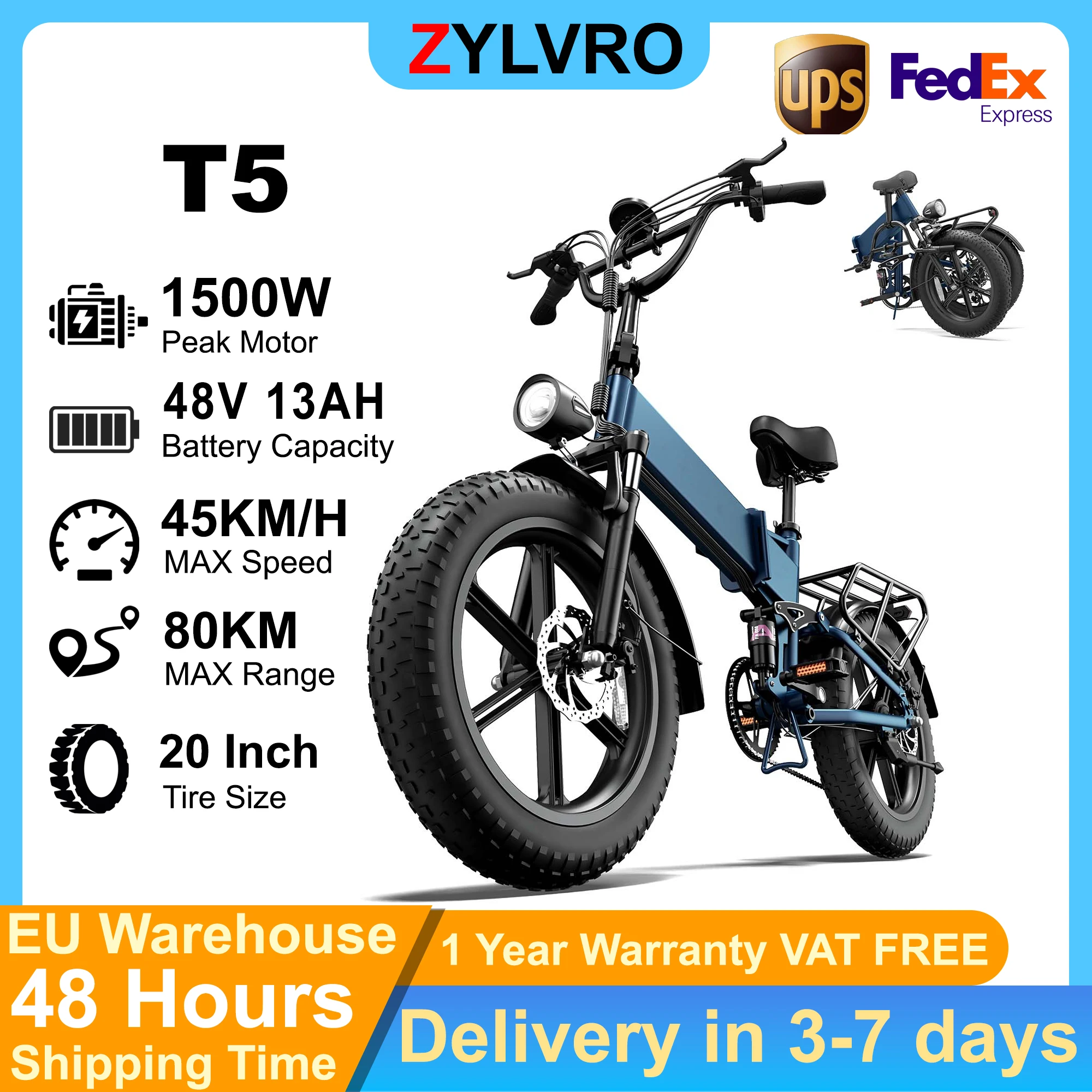 ZYLVRO T5 E-Bike, faltbar, 20-Zoll-Fatbike mit 48V 13Ah herausnehmbarem Akku, 80-100 km Reichweite, Vollfederung, 7-Gang-Elektrofahrrad für Stadt und Gelände