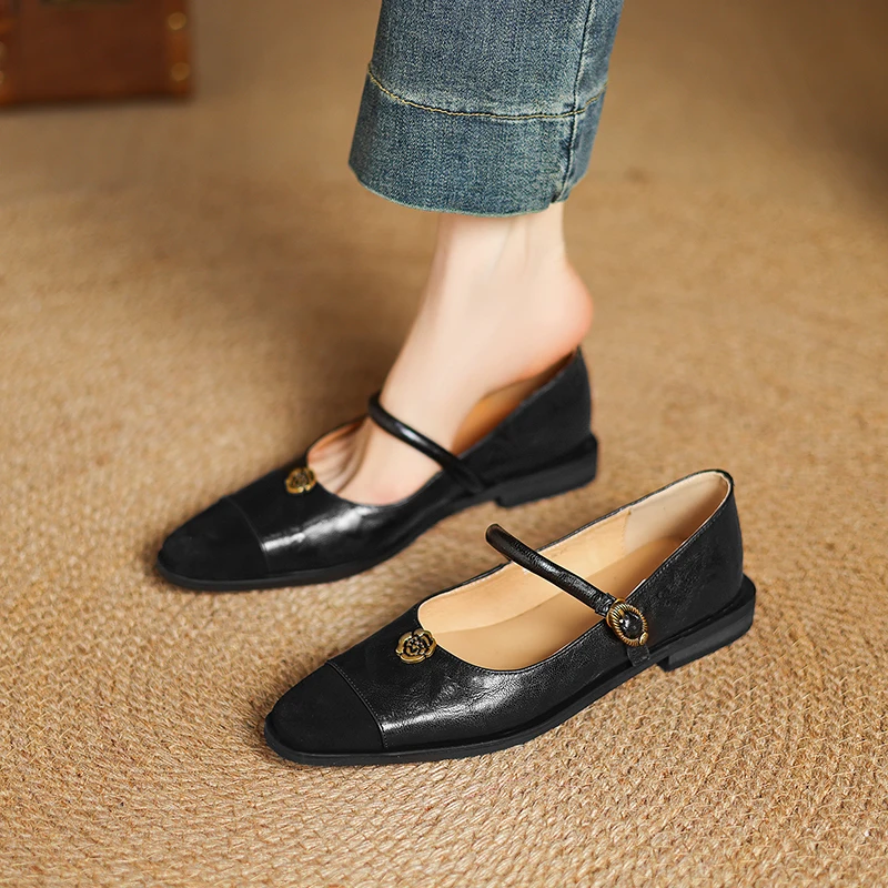 حذاء ماري جين المسطح النسائي المتطور - جلد الغنم الفاخر مع إبزيم وردي، أسود وبني، كعب 0.8 بوصة، مريح #4