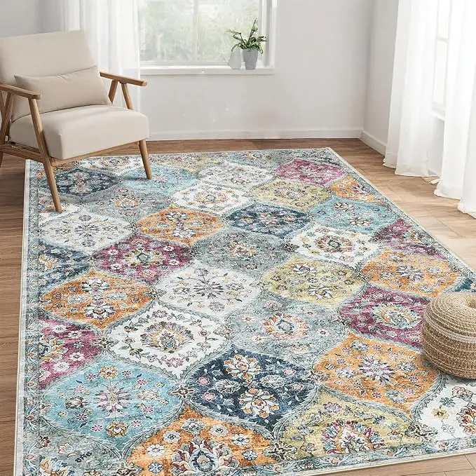 Tapis lavable à motif treillis marocain, paillasson d'entrée, résistant aux taches, antidérapant, tapis décoratif vintage à motif médaillon, tapis de sol vieilli pour entrée, cuisine, salle de bain.