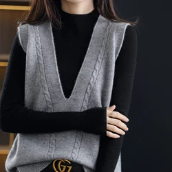 LDZWSM Autumn Winter New Cashmere Vest Sleeveless V-neck Loose Casual All-match Knitted Tunics Women Clothing Sweater Tops