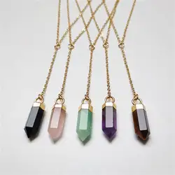 FUWO 1Pcs Natural Crystal Point Necklace,Golden Plated Y Shape Chain Amethyst/Rose Quartz/Obsidian Jewelry For Women NC125Y