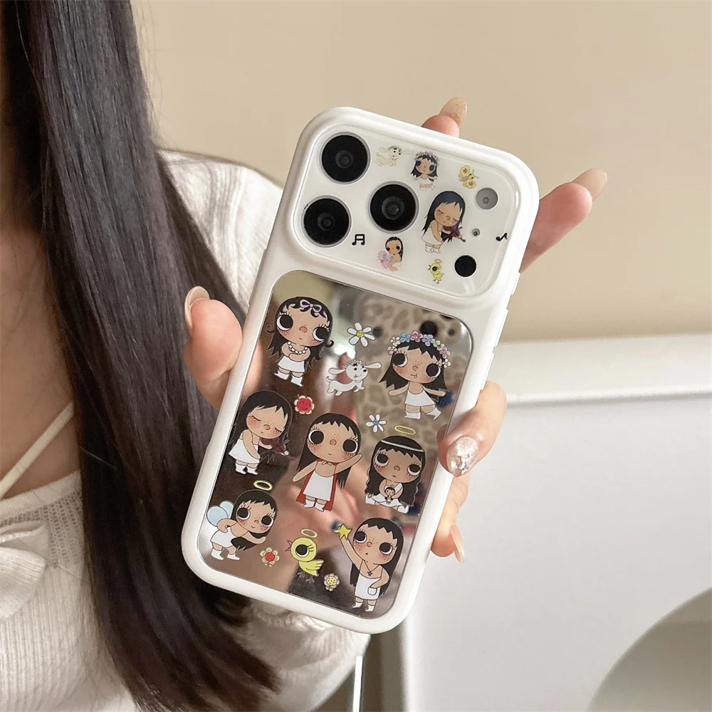 

Korean Ins Mirror Cute Cartoon Girl Kawaii Phone case for iPhone 17 Pro 16 Max 15 16 17 Pro Max 15 Pro Fundas Shockproof Cover