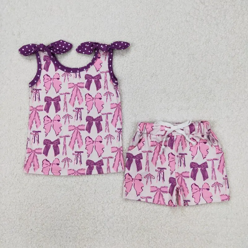 X12.29 GSSO2207 purple Bow Pattern Sleeveless Shorts Set Hot-selling Girls' Set Wholesale pink and