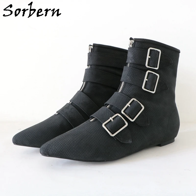 

Sorbern Black Embossed Snake Boots Ankle High Baroque Style Awful Cuban Heels Flat Pointed Toe Buckles Strap Customized Order