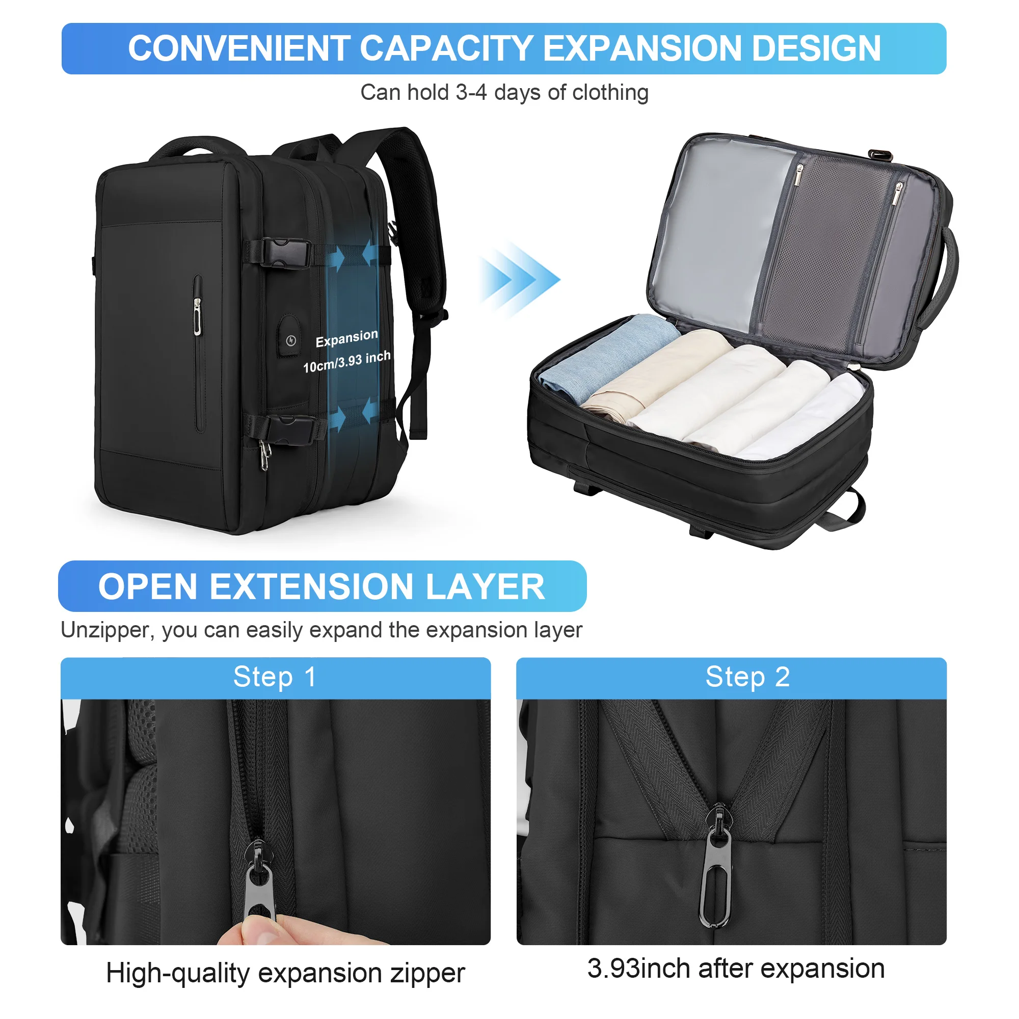 Travel Backpack for Men, Expandable Laptop Backpack with USB Port, Large Waterproof Anti Theft Business Computer Bag for Women