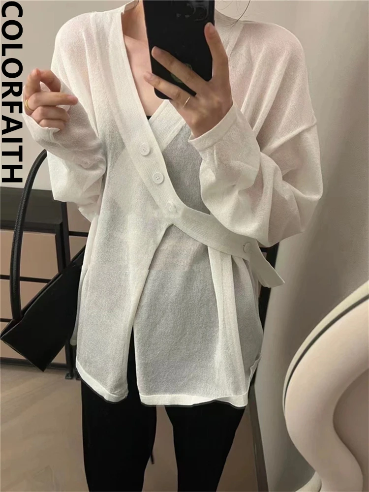 Colorfaith New 2022 Korean Fashion Lace Up Transparent Irregular Women Spring Summer Oversized Cardigans Elegant Tops SWC3406JM