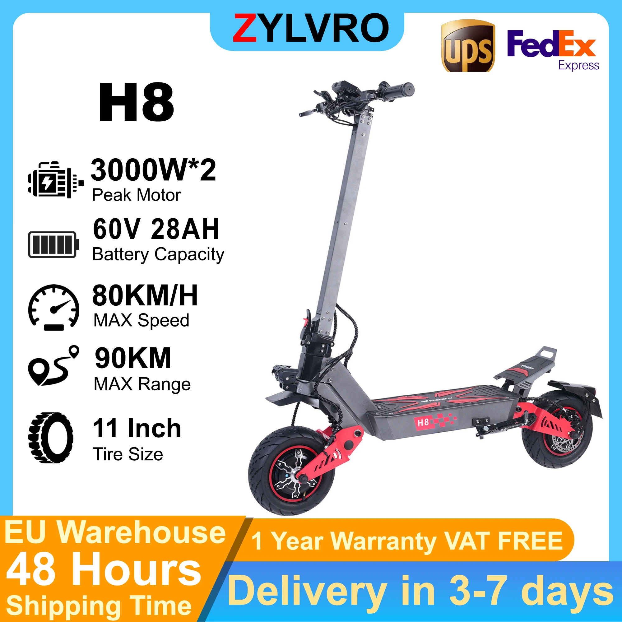 ZYLVRO H8 E Scooter, 6000W Doppelmotor, 60V 28Ah Akku, 11-Zoll-Fat-Reifen, Vollfederung, hydraulische Bremsen, Höchstgeschwindigkeit 80 km/h, maximale Reichweite 90 km