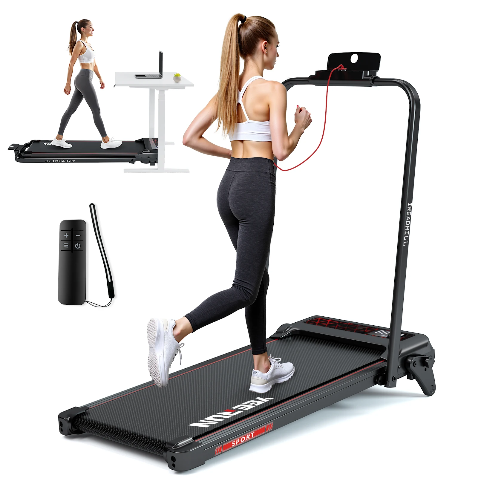 Tapis roulant électrique pliable 4-en-1, équipé d'un moteur silencieux de 2,25 HP, inclinaison réglable manuellement jusqu'à 8 %, avec écran LED, parfait pour une utilisation à la maison ou au bureau.