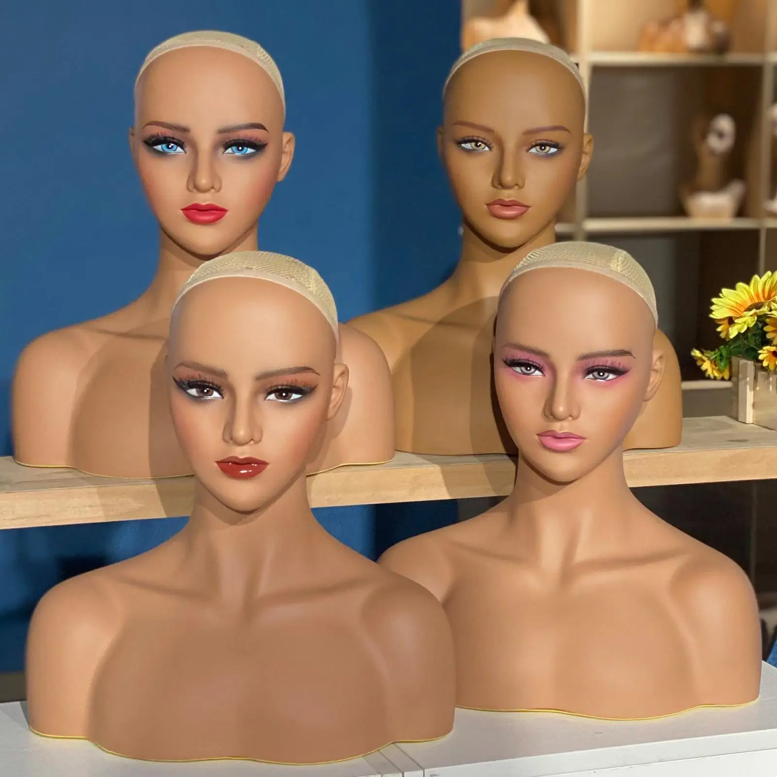 

Realistic Mannequin Head Female Wig Model Head Asian Skin Color Shoulder Female Head Model Earring Necklace Model Head