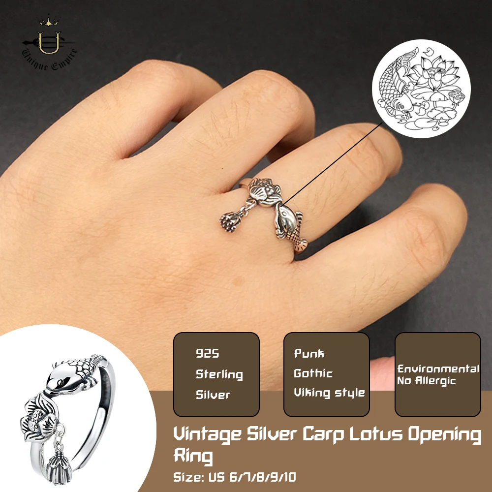 

Handmade Koi Fish Lotus Ring | Vintage Silver Lucky Charm Jewelry | Unisex Adjustable Band for Wedding Anniversary Birthday
