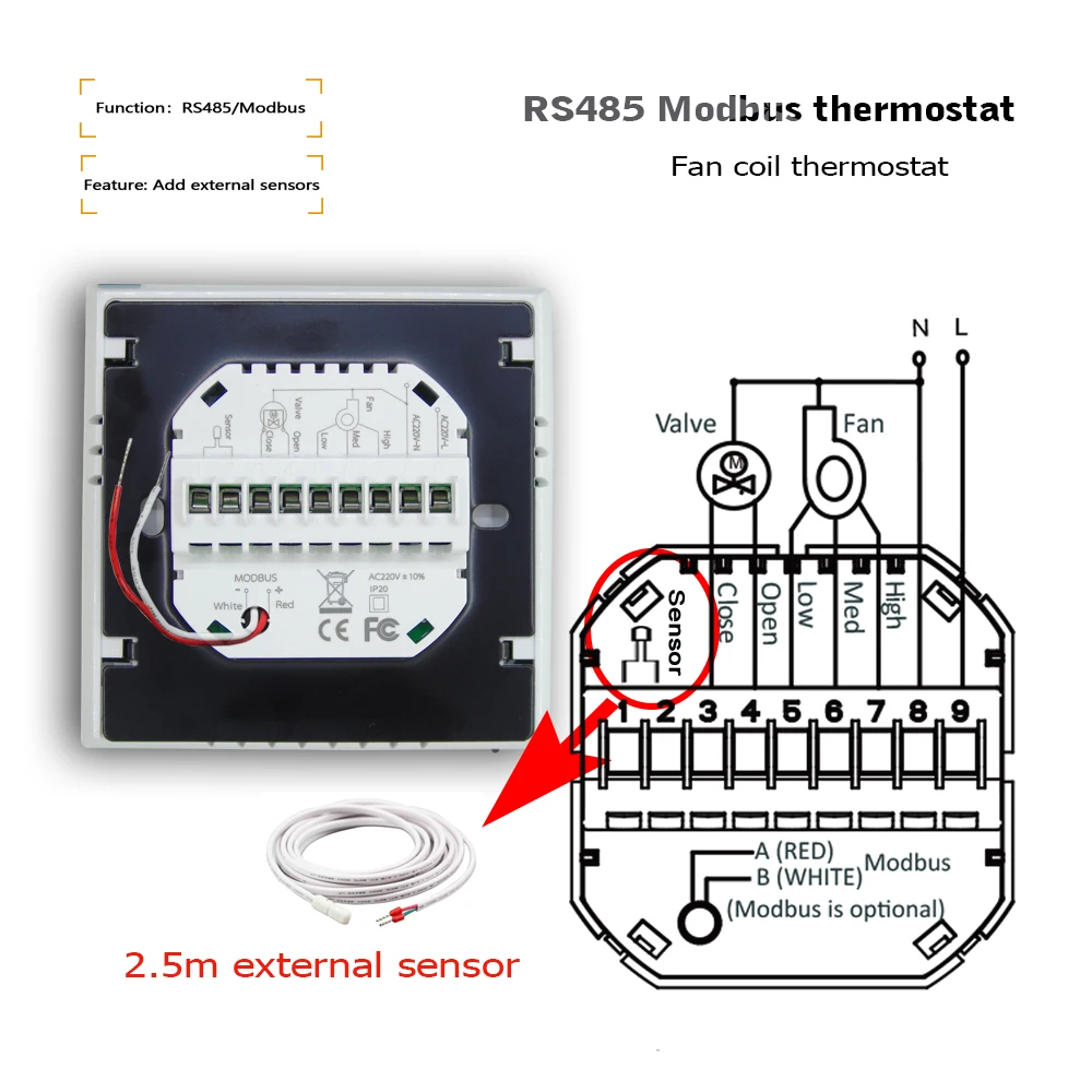 Dual sensor air conditioner thermostat MODBUS RS485 remote control, 2pipe fan coil temperature adjuster for cooling or heating