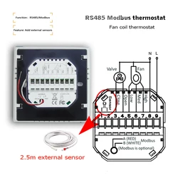 Dual sensor air conditioner thermostat MODBUS RS485 remote control, 2pipe fan coil temperature adjuster for cooling or heating