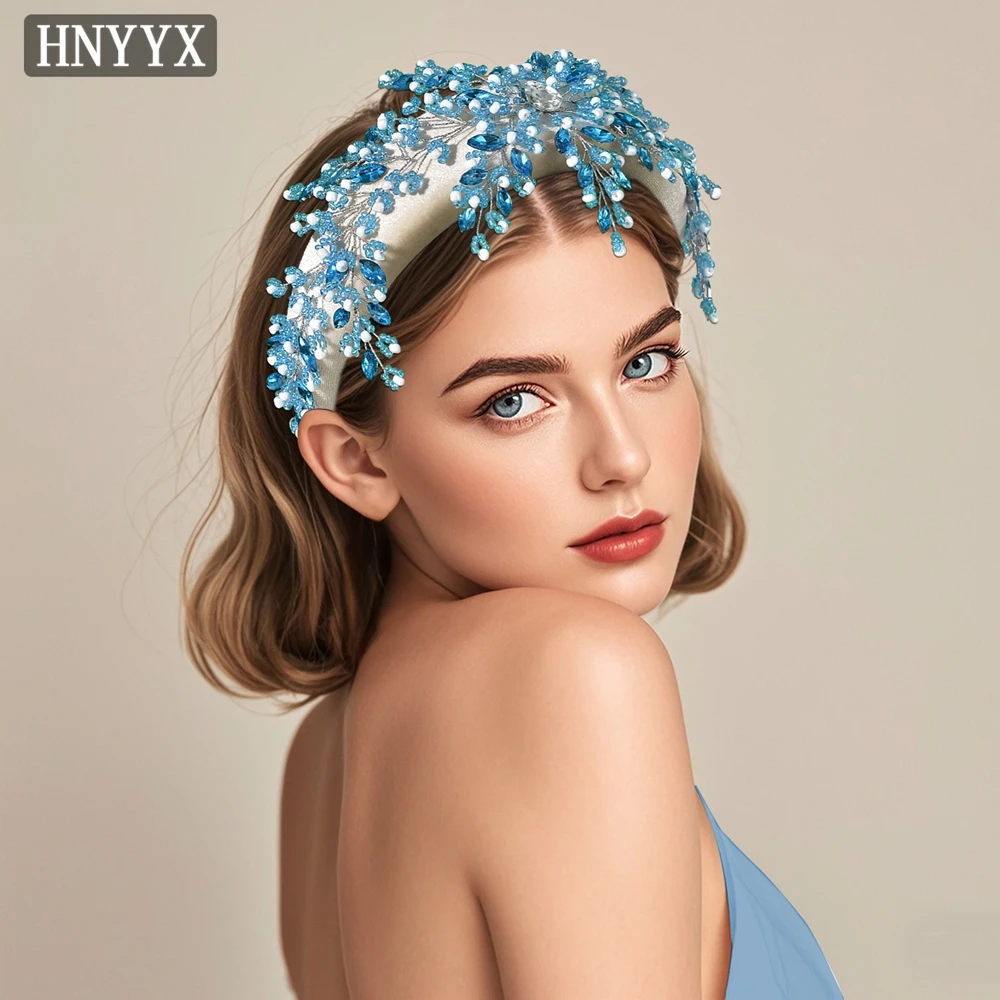 HNYYX Blue Rhinestone Bridal Headband Velvet Thickened Hair Accessories Women's Fashion Hair Band Crystal Hairpieces A290