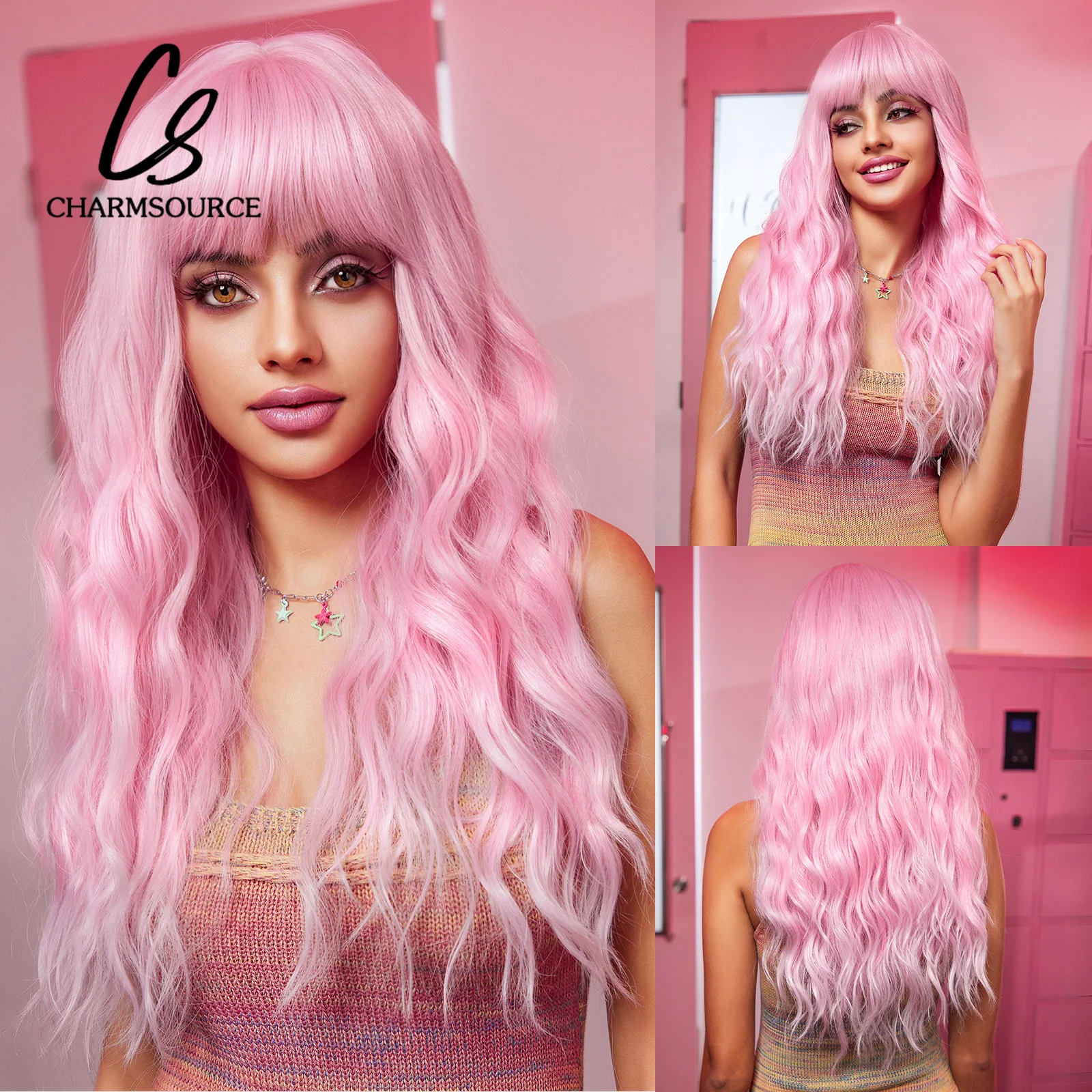 

CharmSource Long Pink Ombre Wigs Curly Wavy Synthetic Hair Wigs with Bangs Women Daily Party Heat Resistant Fibers