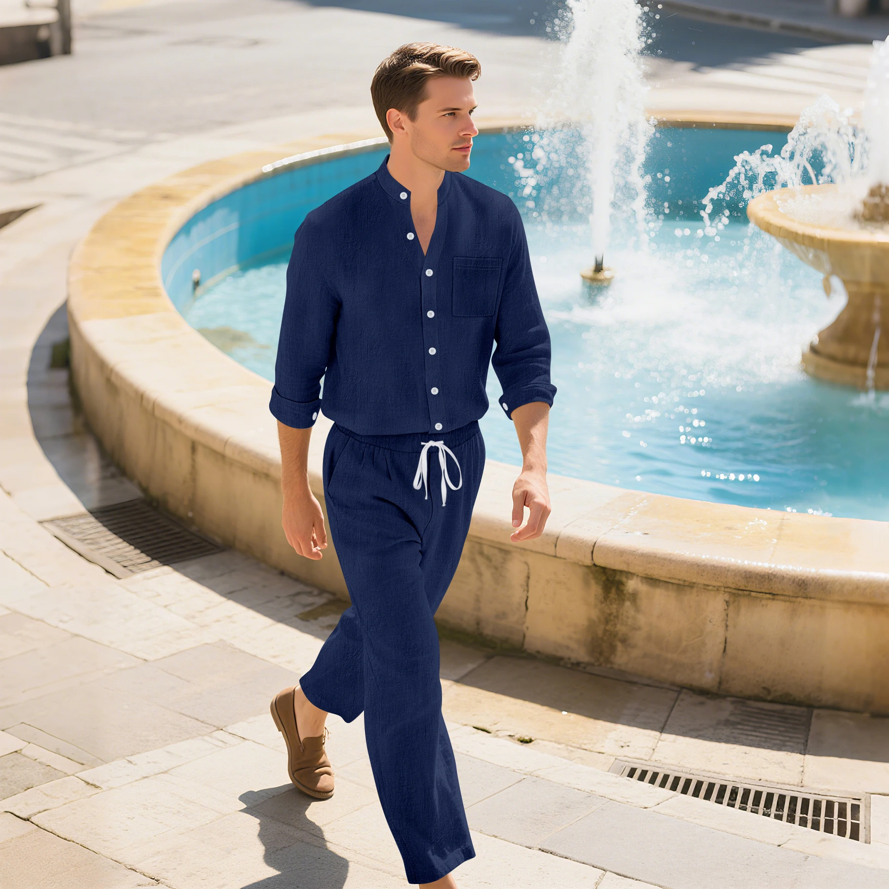 2025年秋新作 メンズ 長袖パンツセット 綿麻カーディガン 長袖シャツ+ルーズカジュアルストレートパンツ ツーピースセット