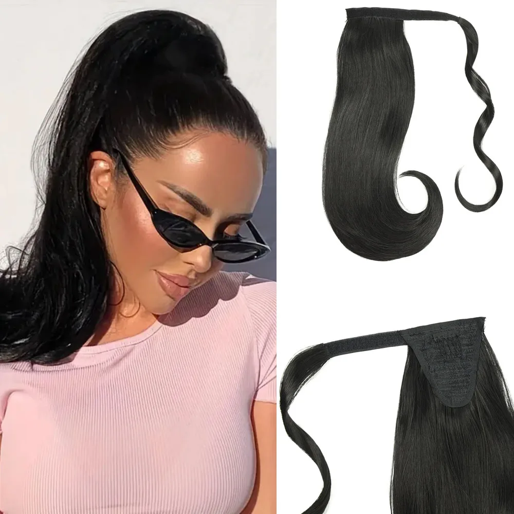 Aplique Rabo de Cavalo Cabelo Com Fita Para Fixação Bio Fibra Liso Ondulado Preto Natural 35cm 120g