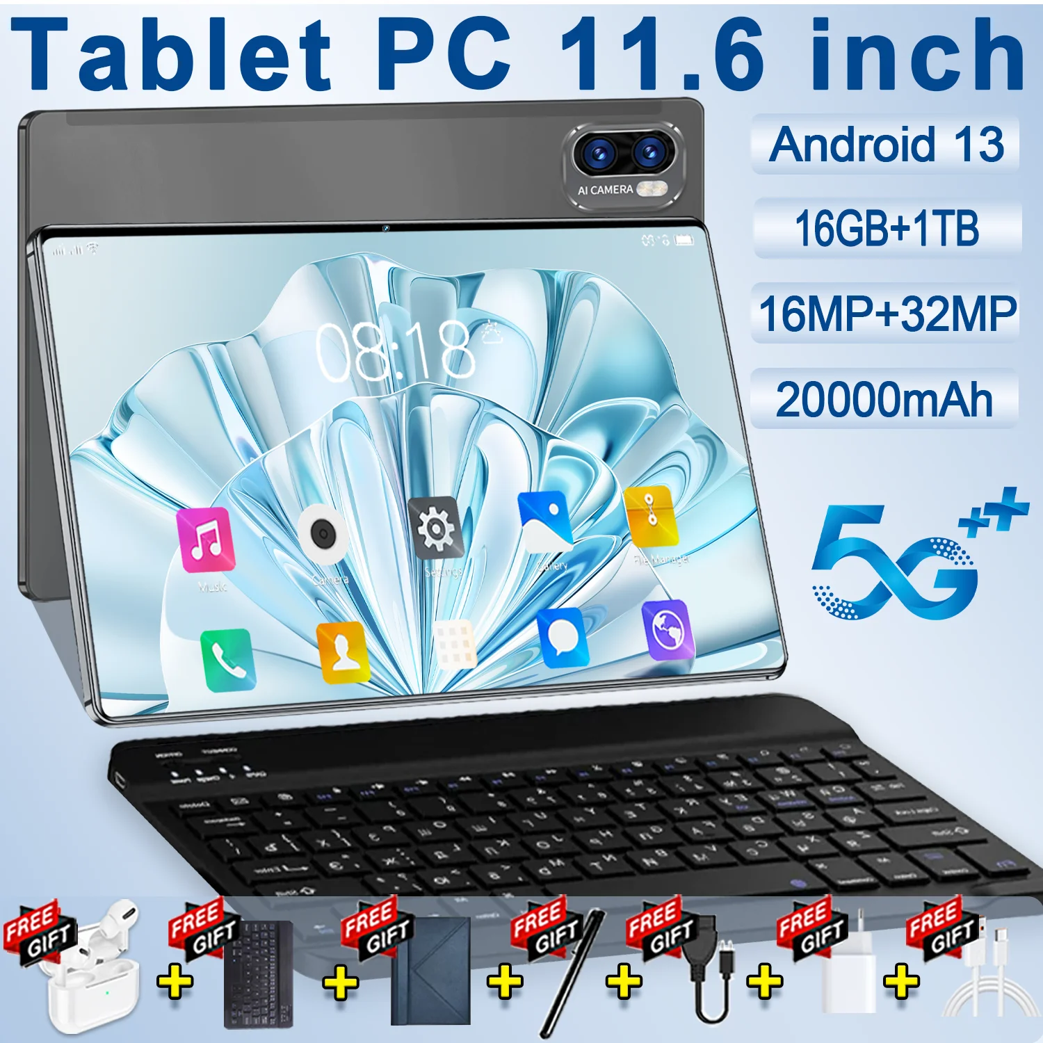 2024 5G Brand New 11.6 inch Tablet 20000mAh 16GB RAM 1TB ROM Android 13.0 Wifi 14 Core Tablets PC Network 5K HD Screen